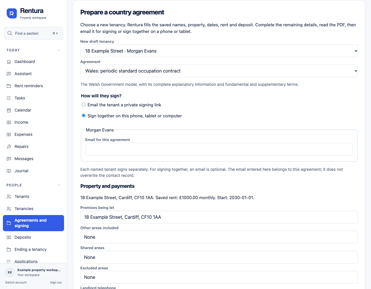 Rentura preparing a Welsh occupation contract, with a choice of email signing or signing together and saved tenancy details.