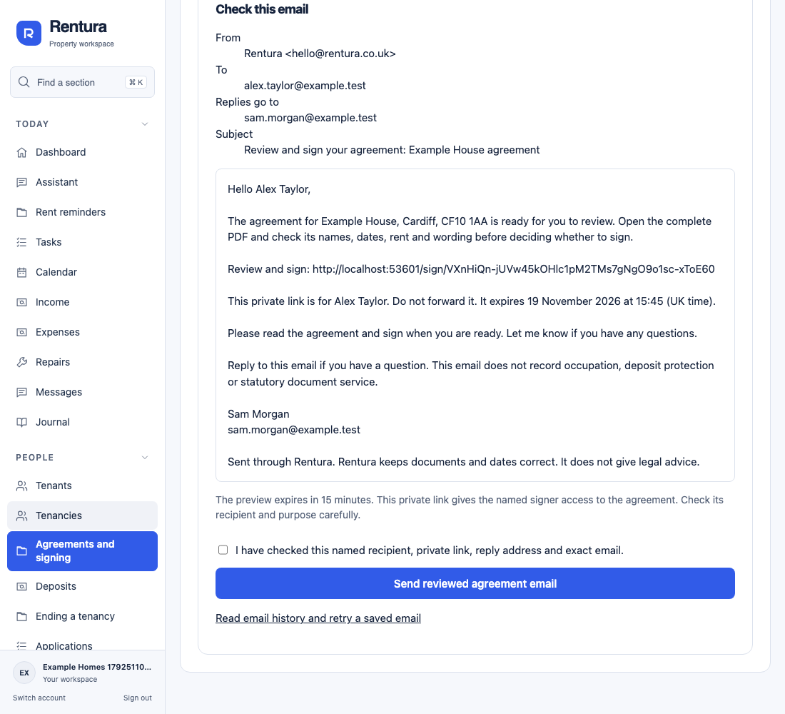Rentura’s agreement invitation showing the named recipient, reply contact and full email for review.