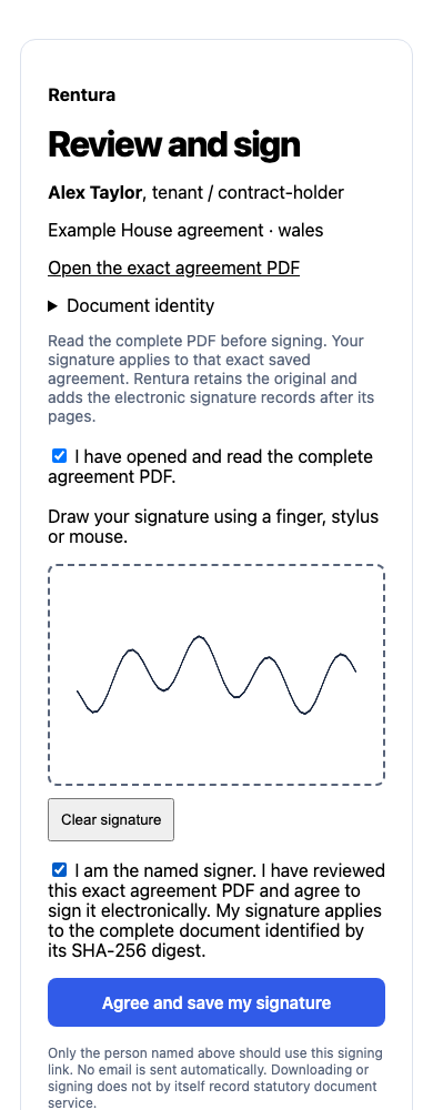 The tenant’s phone screen with the agreement link, drawn signature and agreement confirmation.